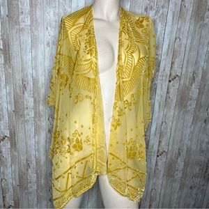 Francesca’s Mustard Gold Sheer Burnout Velvet Kimono Cardigan Coverup One Size